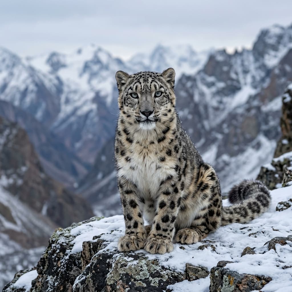 Snow leopard in high alpine terrain looking out