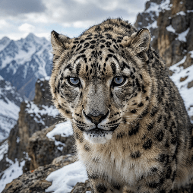 Snow leopard portrait — piercing eyes and spotted coat