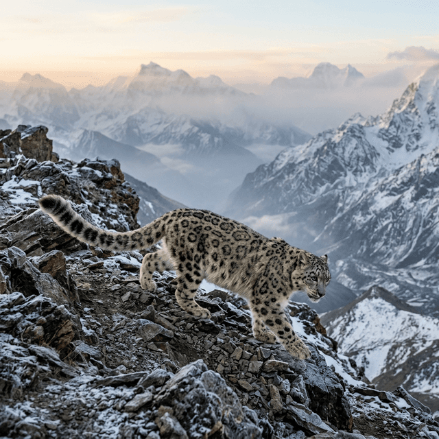 Snow leopard stalking across a mountain ridge